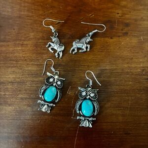 Funky lot of Owl and Unicorn Dangle Earrings Silver Tone